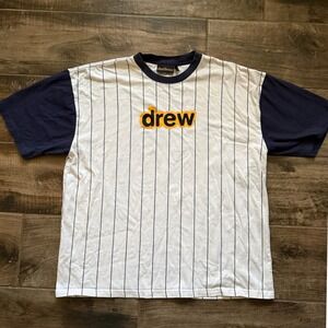 Drew House Unisex Secret Pinstripe SS Baseball T Shirt, Navy, L
